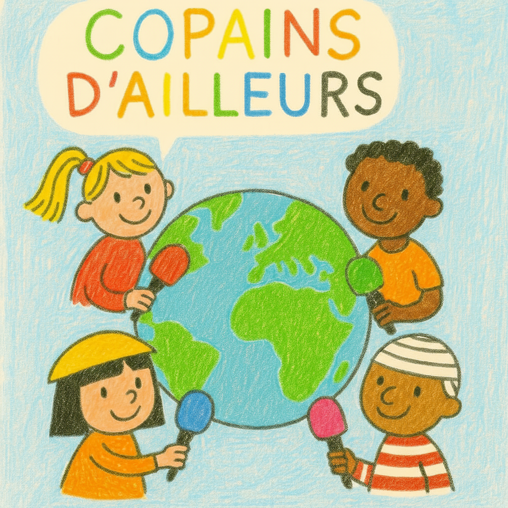 Logo coloré de Copains d'Ailleurs avec des enfants jouant ensemble
